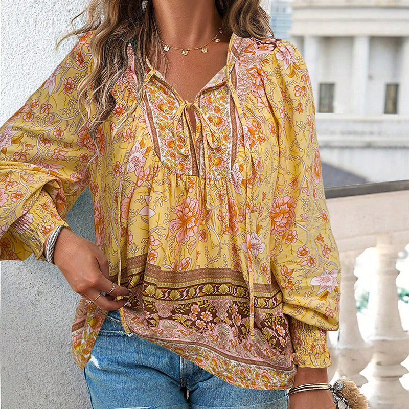 【S-2XL】🌺Női divatos, hosszú ujjú, nyomtatott V-nyakú ing