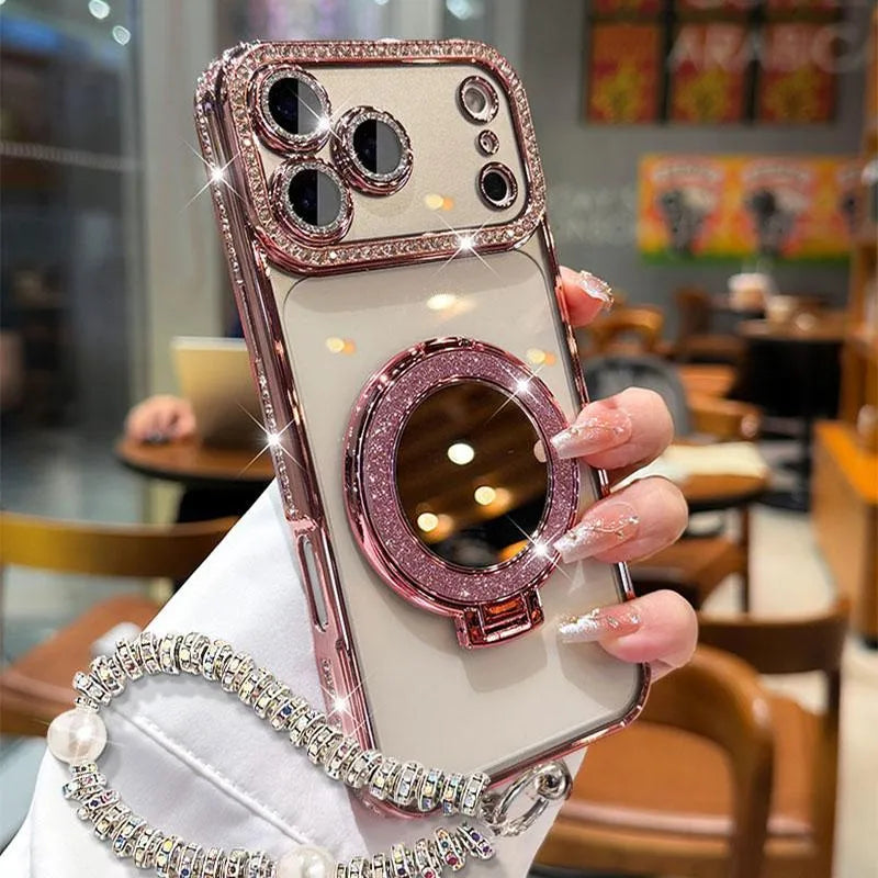 ✨💎Csillogó gyémánt mintás női telefontok tükörrel és állvánnyal iPhone 12/13/14/15/16/17 Pro Max,17Air,14/15/16 Plus készülékekhez💖