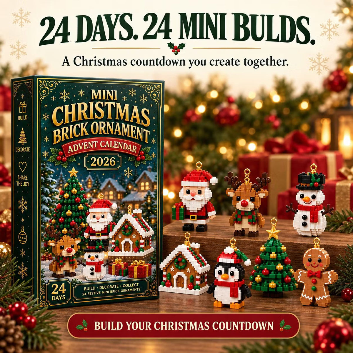 🎄 24 napos mini adventi naptár karácsonyi díszekkel | 24 egyedi, ünnepi, saját készítésű dizájn akasztókkal - tökéletes karácsonyfák, koszorúk és ünnepi dekorációk díszítésére 🧱