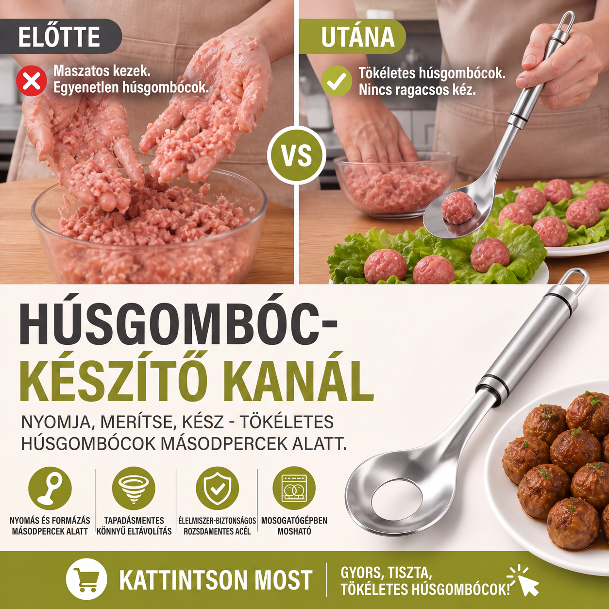 🥄 Acél húsgombóc-formázó kanál – Egyenletes gombócok, tartós ⚡