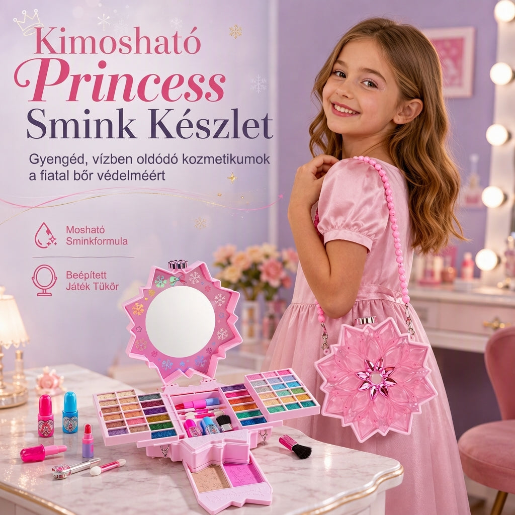 ✨ Mosható Hercegnő Sminkkészlet – Nem irritáló, tálcák és hordozható tok, biztonságos játék kislányoknak🎀