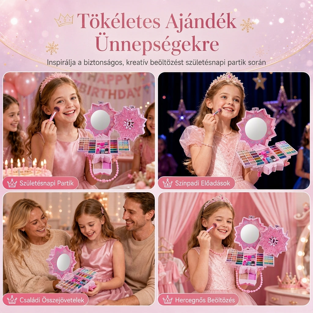 ✨ Mosható Hercegnő Sminkkészlet – Nem irritáló, tálcák és hordozható tok, biztonságos játék kislányoknak🎀