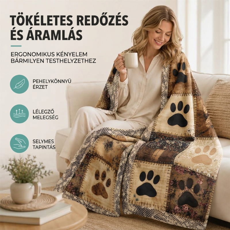 🐾 Puha flanel takaró, aranyos mancsnyomokkal díszítve ✨