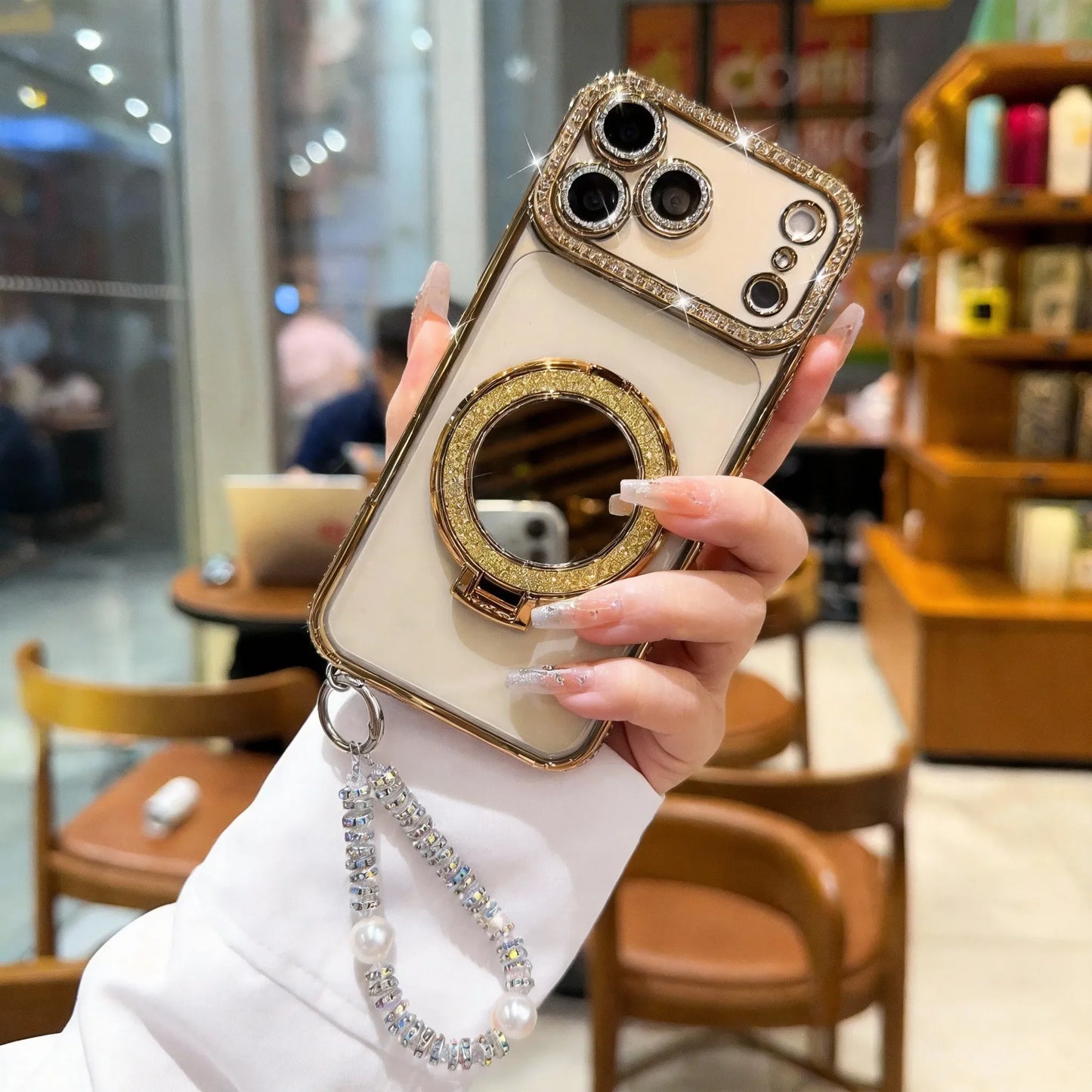 ✨💎Csillogó gyémánt mintás női telefontok tükörrel és állvánnyal iPhone 12/13/14/15/16/17 Pro Max,17Air,14/15/16 Plus készülékekhez💖