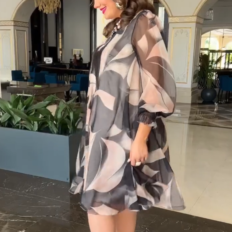 👗Folyó kerek nyakú ruha hosszú ujjakkal és nyomtatással