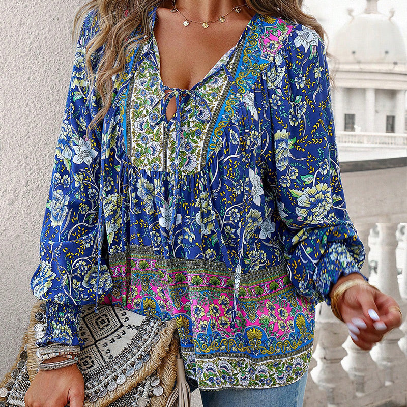 【S-2XL】🌺Női divatos, hosszú ujjú, nyomtatott V-nyakú ing