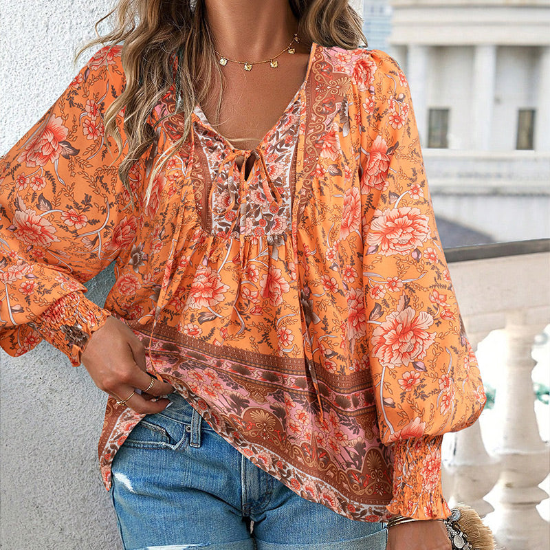 【S-2XL】🌺Női divatos, hosszú ujjú, nyomtatott V-nyakú ing