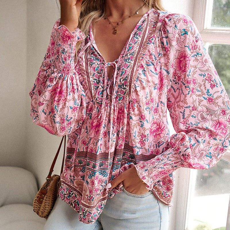 【S-2XL】🌺Női divatos, hosszú ujjú, nyomtatott V-nyakú ing