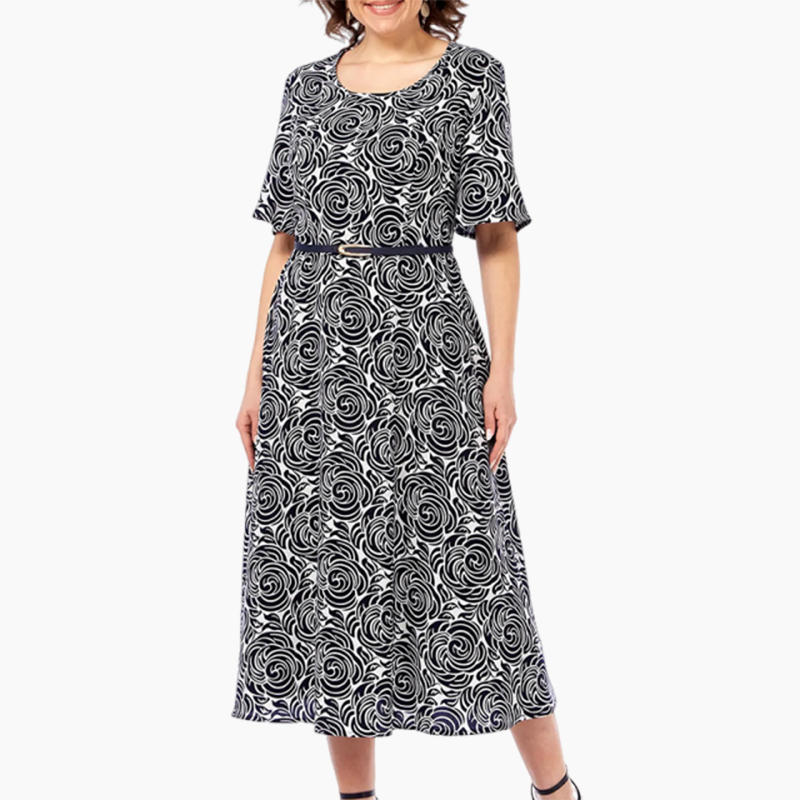 Elegáns, mintás maxi ruha övvel