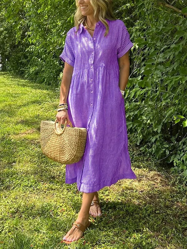 🔥👗 Csíkos ingruha hajtókával és gombokkal | Funkcionális zsebekkel