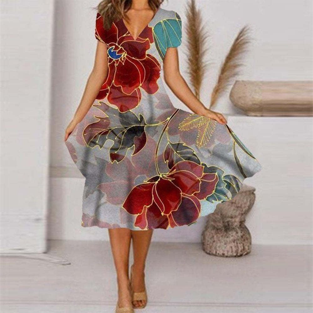 【S-4XL】🌺Női Flowy V-nyakú nyomtatott ruha