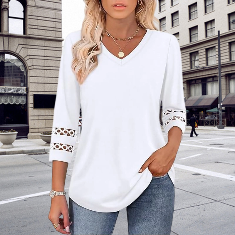 🌺[S-3XL]👚✨ Klasszikus Egyszínű V-nyakú Felső 3/4-es Ujjakkal