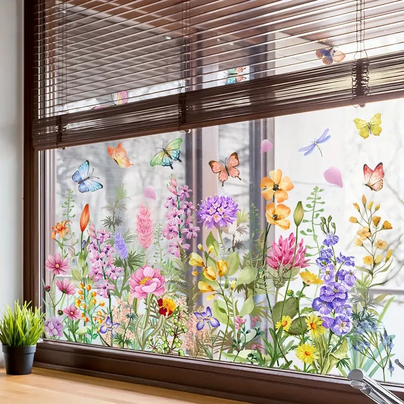 💎 Színes ablakmatrica virágcsokor motívummal - levehető, kétoldalas és méretre vágható 🏡