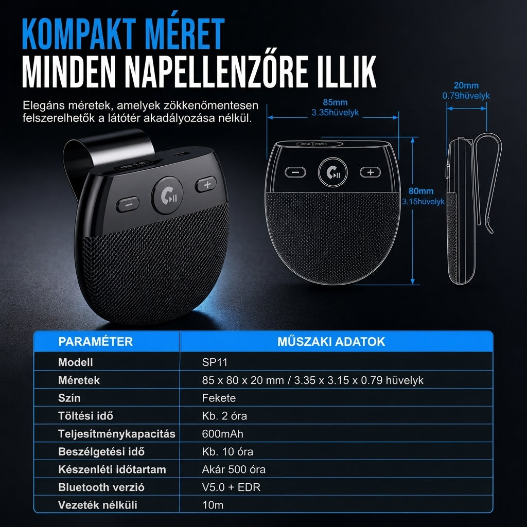 🚗 SP11 autó napellenző Bluetooth kihangosító, rezgésérzékelős automatikus bekapcsolás, A2DP támogatás és hívóazonosító hangos értesítés